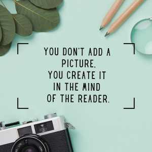 A camera, a pencil and some leaves with some text written in between it.